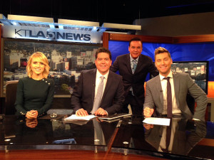 Jessica Holmes KTLA TV Anchor & TV Host with Lance Bass, Sam Rubin, michaela Pereira and Mark Kriski